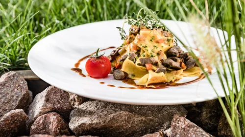 Offerte per la vostra vacanza all'Hotel Plattenhof di Termeno Pasta con funghi e pomodoro su un piatto bianco all'aperto, appoggiato su delle pietre.