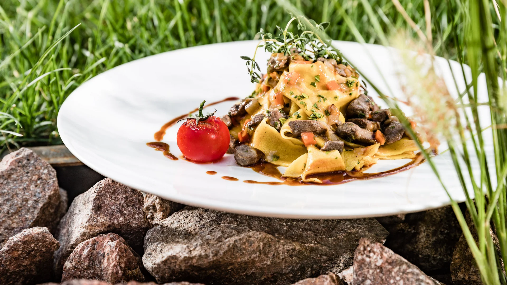 Your restaurant in Tramin: South Tyrolean cuisine and pizza Pasta with mushrooms and tomato on a white plate outdoors on stones.