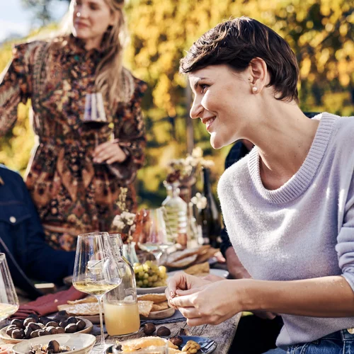 Places of interest in Tramin and the surrounding area Group of friends enjoying wine and snacks at a sunny outdoor picnic.