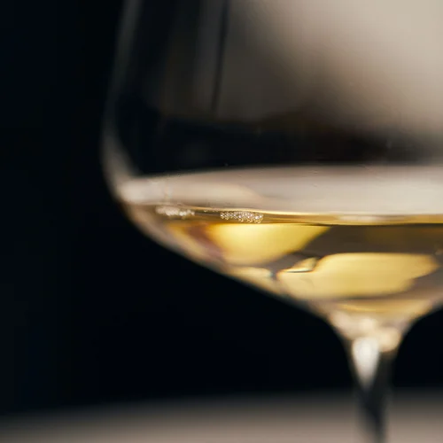 Primo piano di un calice di vino bianco su sfondo scuro