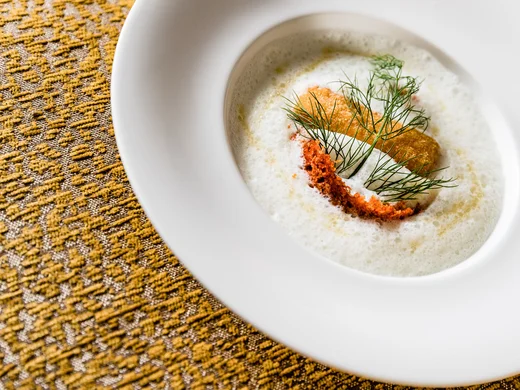 Your restaurant in Tramin: South Tyrolean cuisine and pizza Fine soup with foam, crostini and dill in a white plate