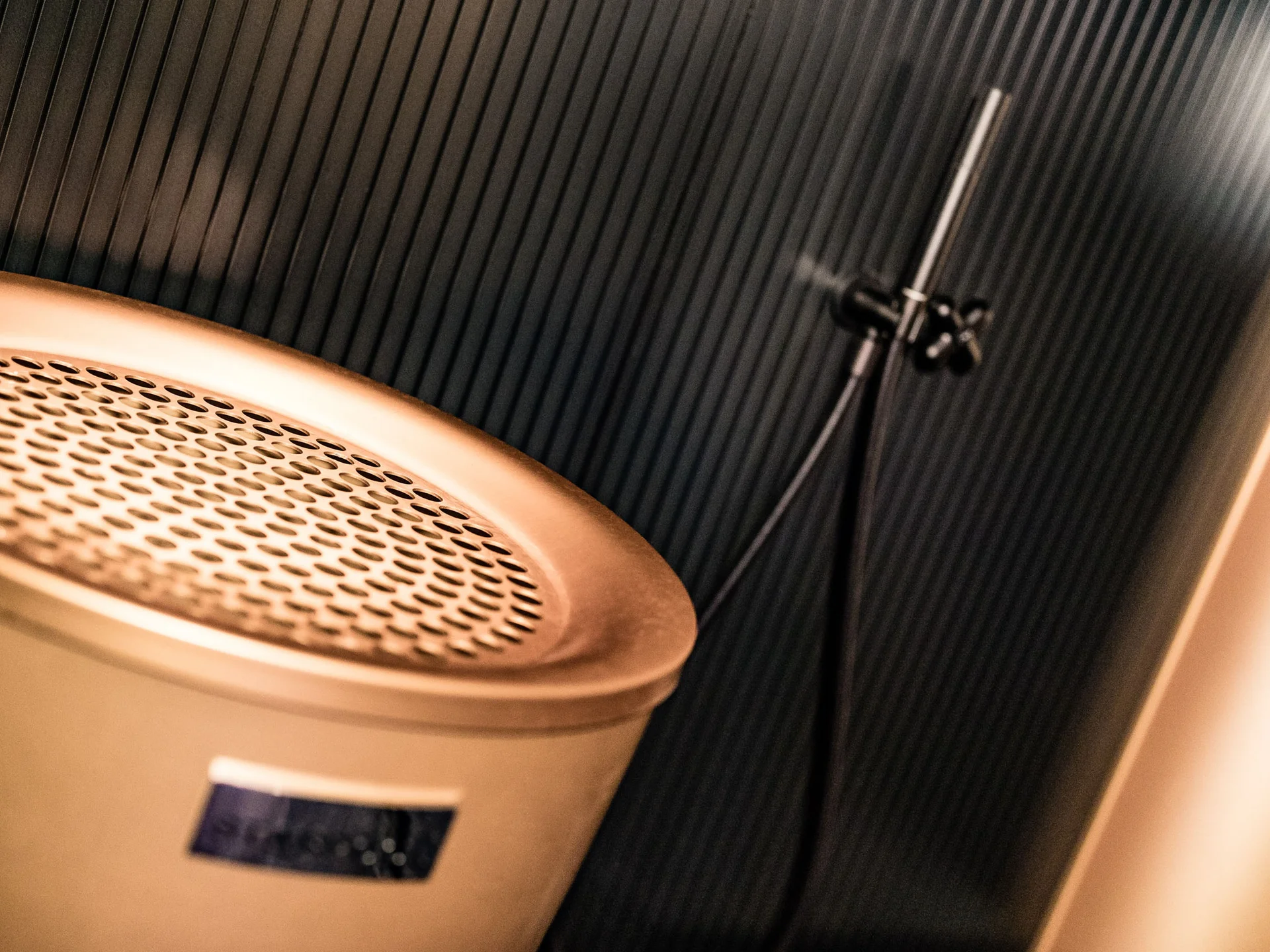 Close-up of a round heater in front of a black wall with a showerhead.