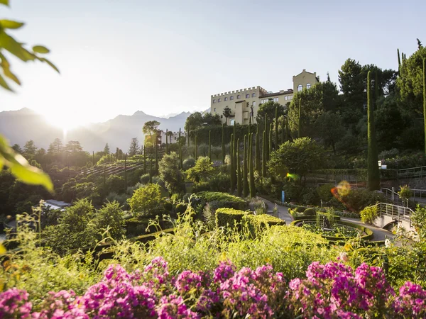 Places of interest in Tramin and the surrounding area Sunrise over a castle with a garden and mountains in the background