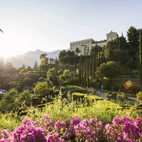 Places of interest in Tramin and the surrounding area Sunrise over a castle with a garden and mountains in the background