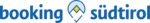 Logo of booking südtirol in blue lettering with a symbol in the center