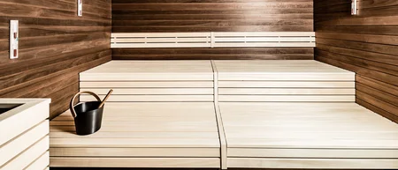 Modern sauna room with light wooden benches and black sauna bucket