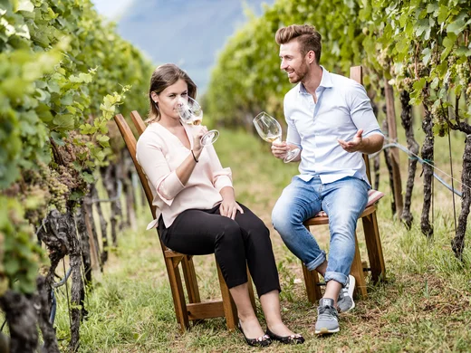Hotel Plattenhof: your home amongst the vineyards Couple sitting in the vineyard enjoying wine from large glasses.