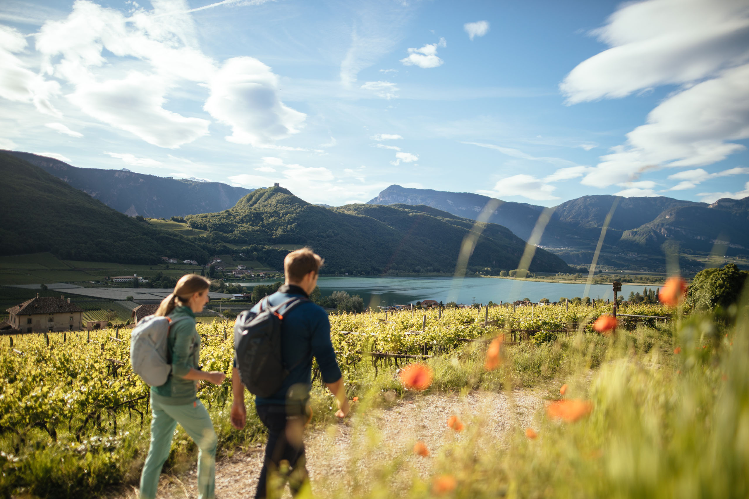 Bildergalerie: Eindrücke aus dem Plattenhof in Tramin Zwei Wanderer gehen durch Weinberge mit Berg- und Seeblick bei sonnigem Wetter
